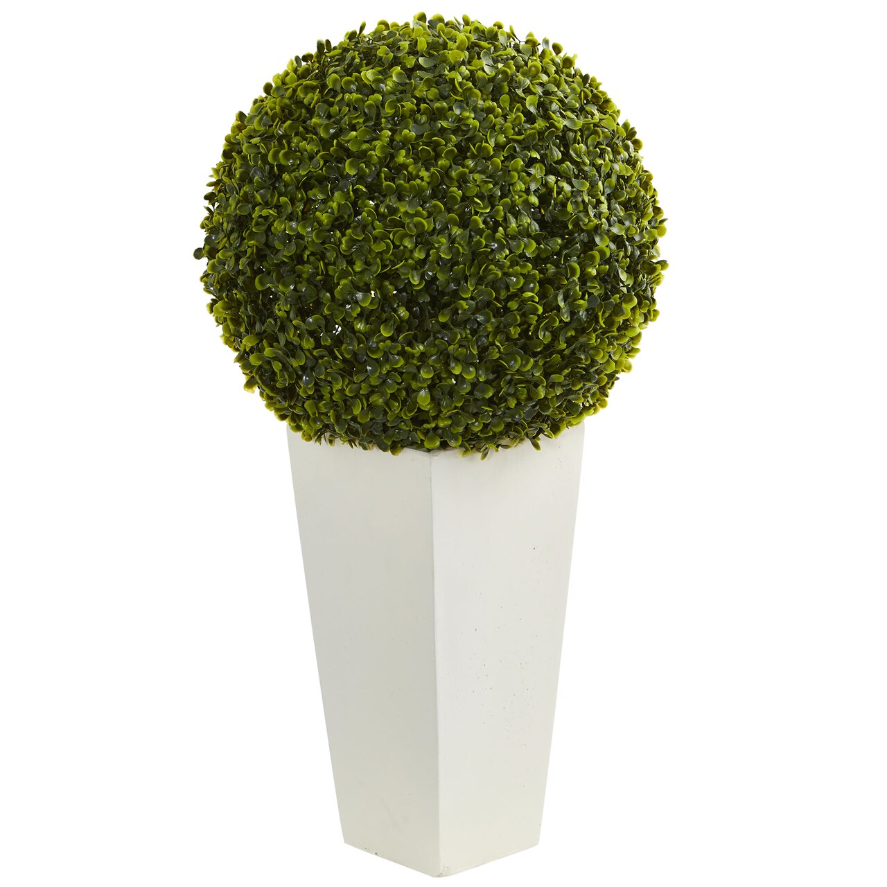 Nearly Natural 28" Artificial Boxwood Topiary Ball Outdoor Plant with White Tower Planter